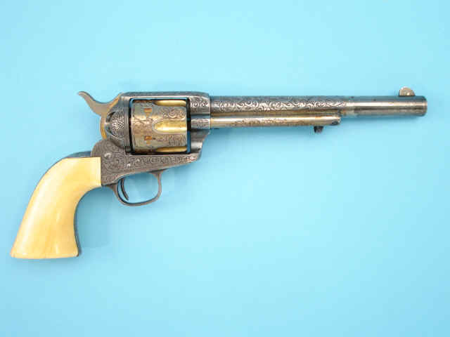 Fine and Important Cuno A. Helfricht Engraved Colt Single Action Revolver, Silver- and Gold-Plated with One-Piece Ivory Grips, with Exhibition Grade Embellishments