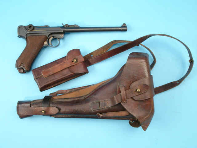*German DWM Artillery Model P-08 Parabellum Semiautomatic Pistol , together with Holster and Wooden Carbine Shoulder Stock