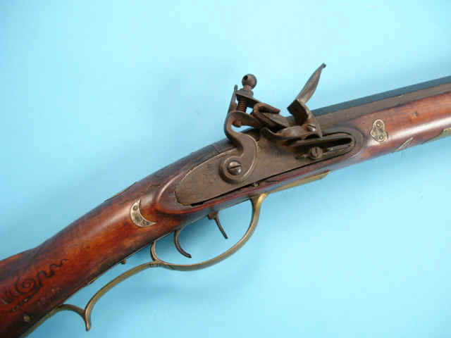 Brass and Silver Mounted Flintlock Kentucky Rifle with Incised Carved Stock, Signed H*F on Barrel