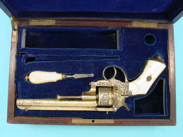 Cased, Deluxe Engraved, Gold Plated and Ivory Gripped Pinfire Double Action Revolver