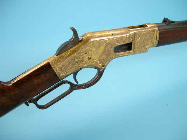 Rare Deluxe Engraved and Half-Gold-Plated Winchester Model 1866 Saddle Ring Carbine, Engraved and Signed by L.D. Nimschke